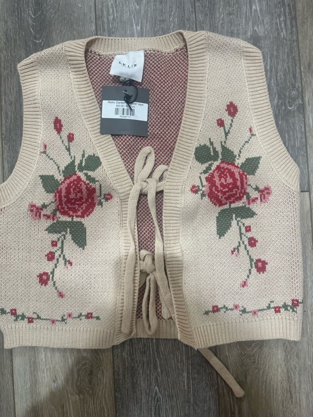 Le Lis Cream Knit Tie-Front V-Neck Sweater Vest with Red Rose Embroidery